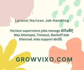 Laravel Horizon Job Handling interface එක, queued jobs manage, max attempts, timeout සහ backoff settings display කරන දසුන